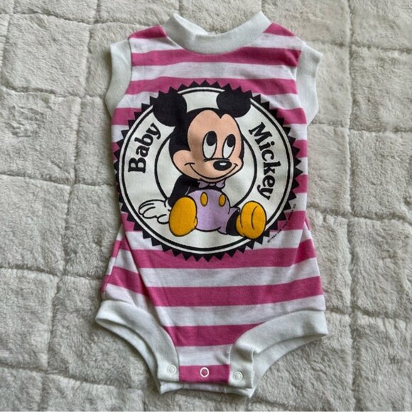 Disney | Vintage Pink Striped Graphic "Baby Mickey" Bodysuit | Size 18 Months - Picture 8 of 14